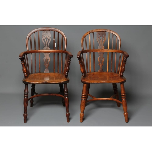 624 - A MATCHED PAIR OF YEW AND ELM WINDSOR ARMCHAIRS, Lincolnshire, mid/late 19th century, of low hoop ba... 