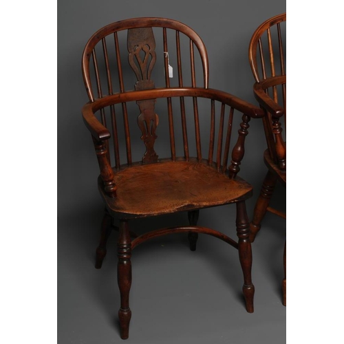 624 - A MATCHED PAIR OF YEW AND ELM WINDSOR ARMCHAIRS, Lincolnshire, mid/late 19th century, of low hoop ba... 