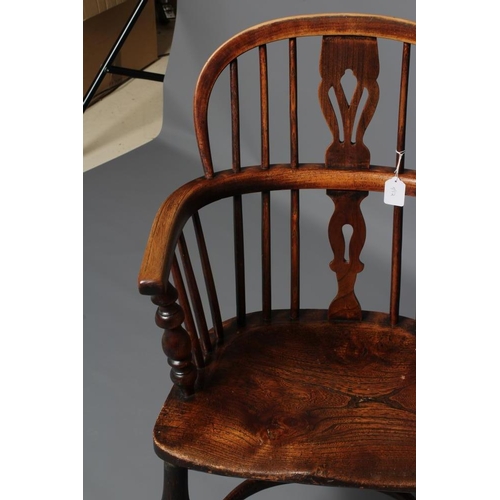 626 - AN ASH AND ELM WINDSOR ARMCHAIR, Lincolnshire, mid/late 19th century, of low hoop back form with fle... 