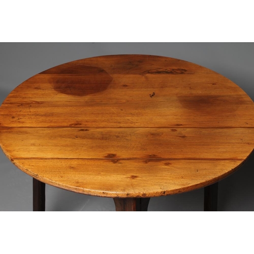 629 - A CRICKET TABLE, 19th century and later, the fruitwood top and waved frieze on square section oak le... 