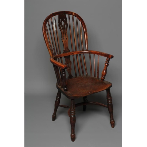 627 - A YEW, ASH AND ELM WINDSOR ARMCHAIR, 19th century, of high hoop back form with fleur-de-lys splat, b... 