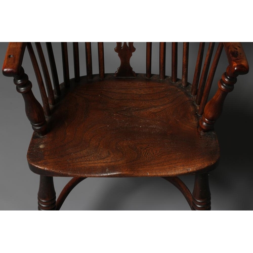 627 - A YEW, ASH AND ELM WINDSOR ARMCHAIR, 19th century, of high hoop back form with fleur-de-lys splat, b... 