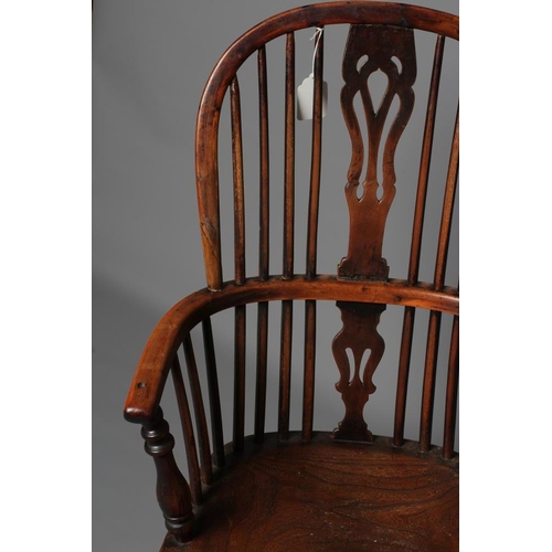 627 - A YEW, ASH AND ELM WINDSOR ARMCHAIR, 19th century, of high hoop back form with fleur-de-lys splat, b... 