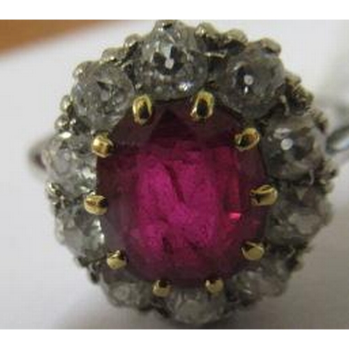 172 - A RUBY AND DIAMOND CLUSTER RING, the oval facet cut ruby claw set to a border of ten brilliant cut d... 