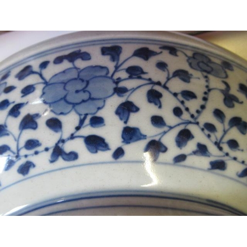 5 - A CHINESE PORCELAIN DISH of plain circular form, painted in underglaze blue with a central ribbon ti... 