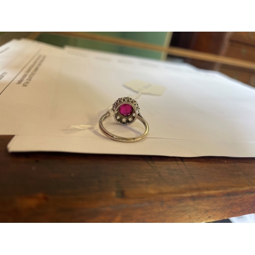 172 - A RUBY AND DIAMOND CLUSTER RING, the oval facet cut ruby claw set to a border of ten brilliant cut d... 