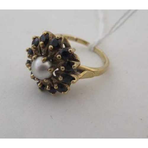 156 - 9CT GOLD SAPPHIRE AND PEARL CLUSTER RING