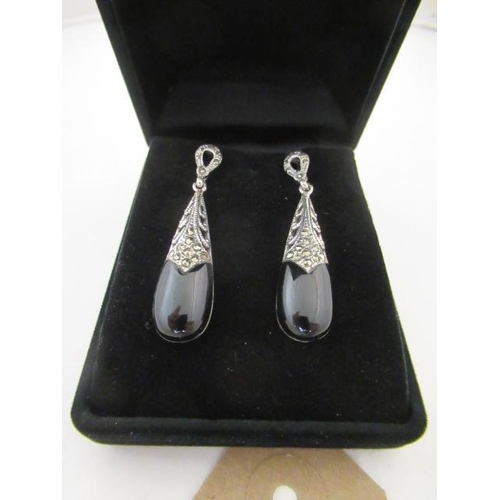 166 - PAIR OF JET AND MARCASITE SILVER EARRINGS