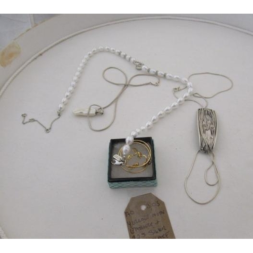 213 - YELLOW METAL EARRINGS AND SILVER NECKLACE ETC