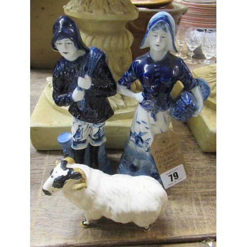 79 - PAIR OF DELFT FIGURES AND BESWICK RAM