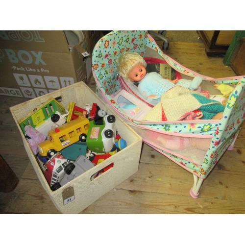 81 - COT OF DOLLS AND BOX OF TOY VEHICLES