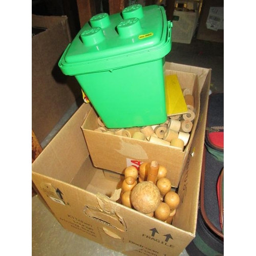 90 - BOX OF WOODEN TOYS AND TUB OF DUPLO