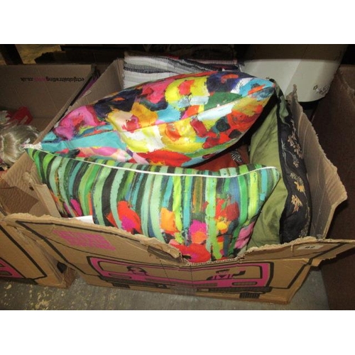 92 - BOX OF COLOURFUL CUSHIONS ETC