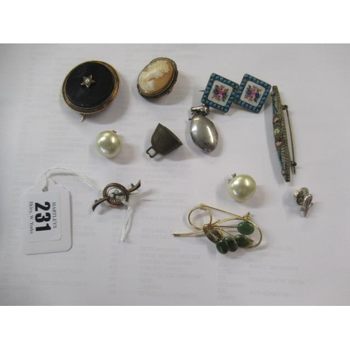 231 - FRENCH ENAMELLED BROOCH MICRO MOSIAC BROOCH MOURNING BROOCH AND OTHER COSTUME JEWELLERY