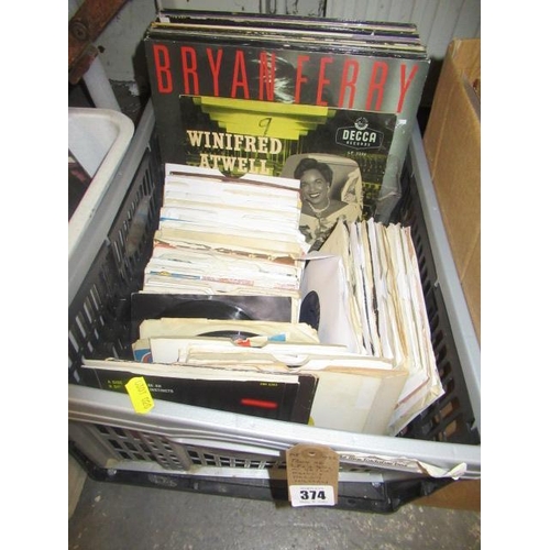 374 - BOX OF LPS AND SINGLE RECORDS INCLUDING BRYAN FERRY AND HARRY NILSSON