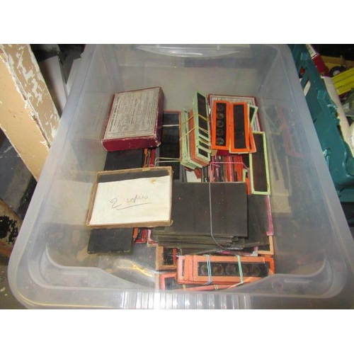 49 - BOX OF COLOURED MAGIC LANTERN SLIDES AND GLASS PORTRAIT NEGATIVES