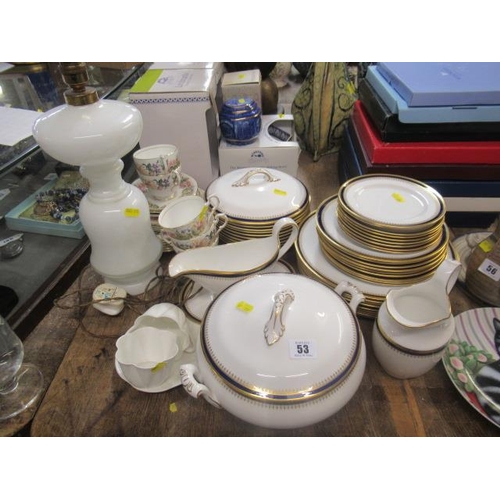 53 - QUANTITY OF MIXED CERAMICS INCLUDING SPODE KNIGHTSBRIDGE DESIGN DINNER WARE AND A WHITE GLASS TABLE ... 