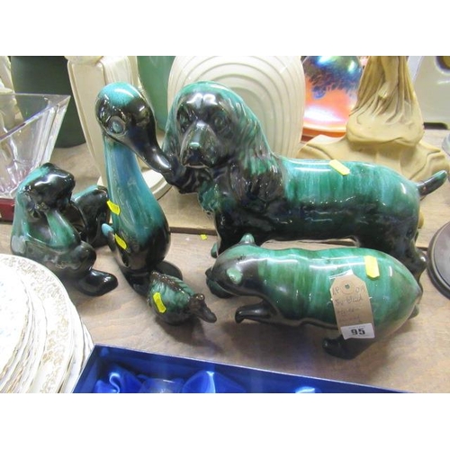 95 - FIVE GREEN AND BLACK ANIMAL ORNAMENTS