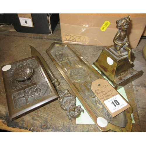 10 - BRASS LINCOLN IMP INKWELL AND OTHER ITEMS RELATED TO LINCOLN CATHEDRAL