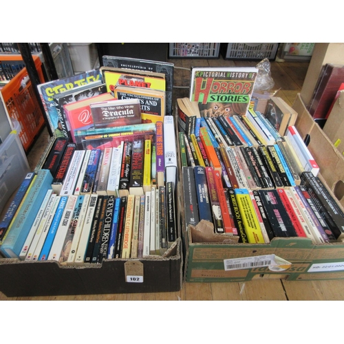 102 - TWO BOXES OF VINTAGE HOROR AND SCI FI BOOKS INCLUDING JAMES HERBERT ARTHUR C CLARKE AND PHILLIP K DI... 