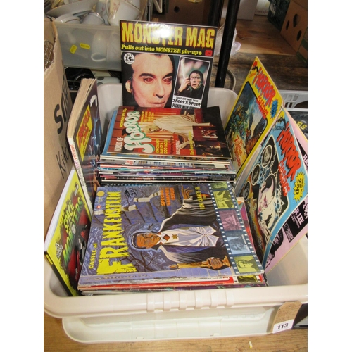 113 - BOX OF VINTAGE HORROR MAGAZINES INCLUDING CASTLE OF FRANKENSTEIN WORLD OF HORROR AND FANGORIA