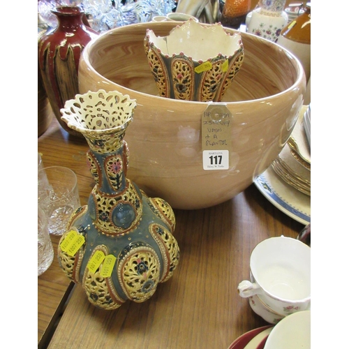 117 - TWO ZSOLNAY VASES AND A PLANTER