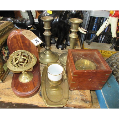 20 - TWO BRASS CANDLESTICKS AND A COMPASS ETC