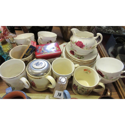 78 - ROSE MOTIF COLCLOUGH CHINA TEASET AND ROYAL COMMEMORATIVE MUGS ETC