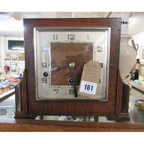 161 - GREENWOODS RETAIL OAK ART DECO CLOCK WITH KEY AND PENDULUM