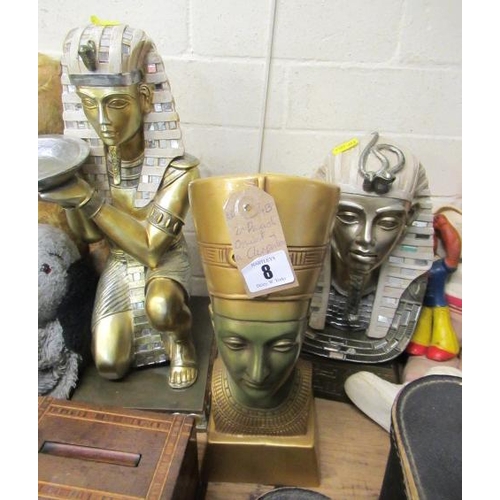 8 - TWO PHAROAH ORNAMENTS AND A NEFERTITI FIGURE