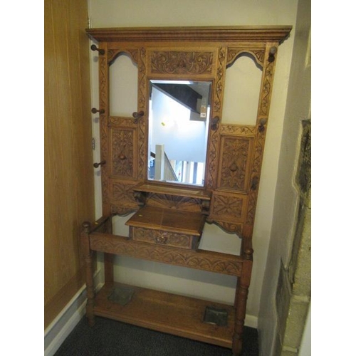 1165 - LARGE CARVED MIRRORED OAK HALL STAND