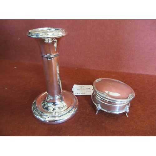 277 - SILVER DRESSING TABLE BOX PIN DISH AND A CANDLESTICK