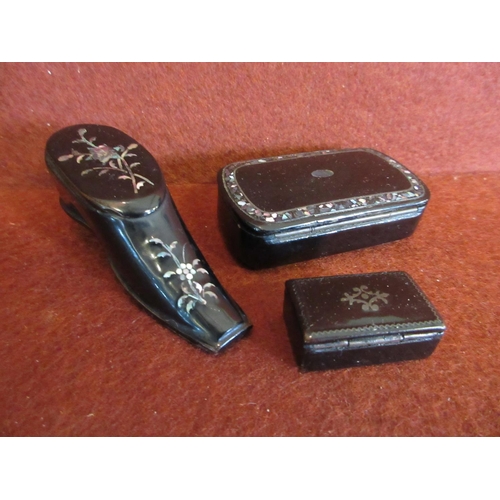 298 - PAPIER MACHE SHOE SNUFF BOX AND TWO OTHERS