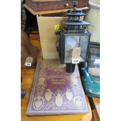 388 - ANTIQUE CARRIAGE LAMP AND A BOOK YORKSHIRE PAST AND PRESENT