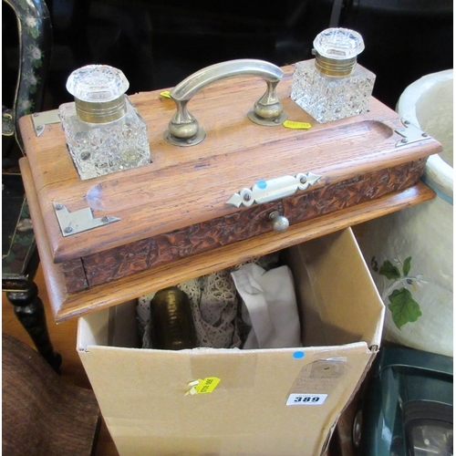 389 - OAK BRASS BOUND INK STAND AND A BOX OF LACE