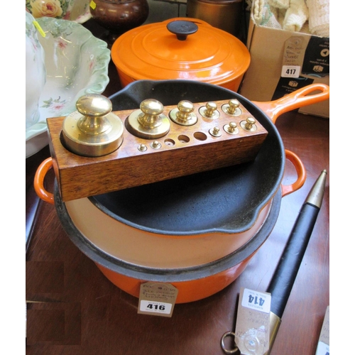 416 - THREE LE CREUSET PANS AND BRASS WEIGHTS