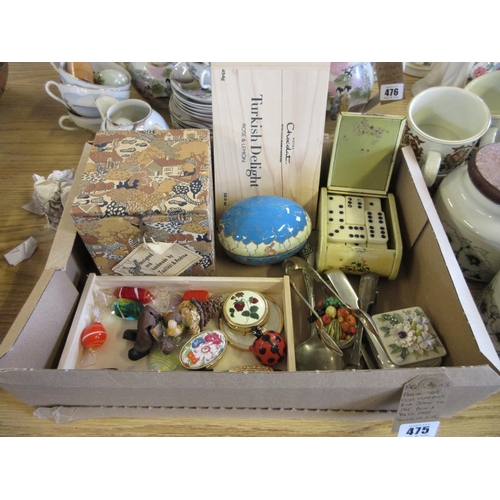 475 - BOX OF COLLECTABLES INCLUDING JACK IN A BOX AND MURANO SWEETS ETC