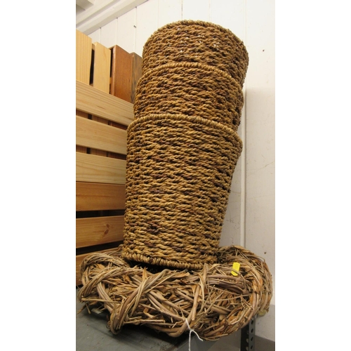 572 - THREE WICKER BINS AND WREATH