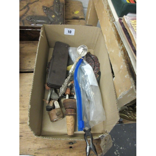 10 - BOX OF COLLECTABLES INCLUDING SILVER LADLE AND BUTTON HOOK