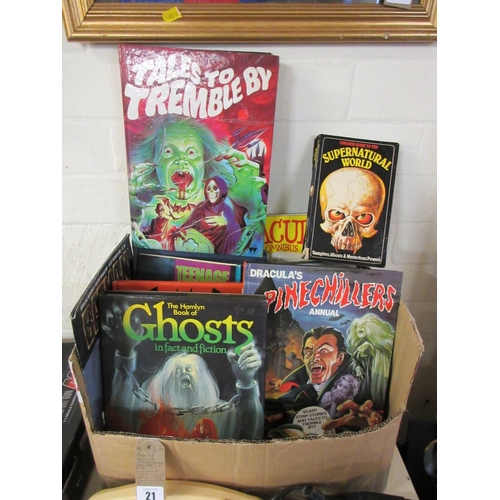 21 - BOX OF VINTAGE HORROR THEMED CHILDRENS BOOKS INCLUDING USBORNE SUPERNATURAL WORLD AND THE HAMLYN BOO... 