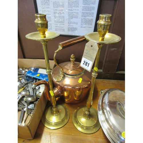 281 - PAIR OF BRASS CANDLESTICKS AND COPPER KETTLE