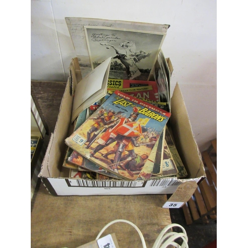 35 - BOX OF VINTAGE ADVENTURE MAGAZINES AND ROY ROGERS COWBOY PHOTOGRAPHS