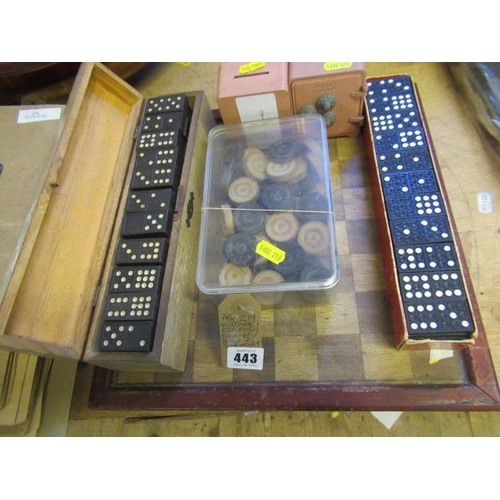 443 - VINTAGE DRAUGHTS AND DOMINO SETS AND TWO SAFE MONEY BOXES