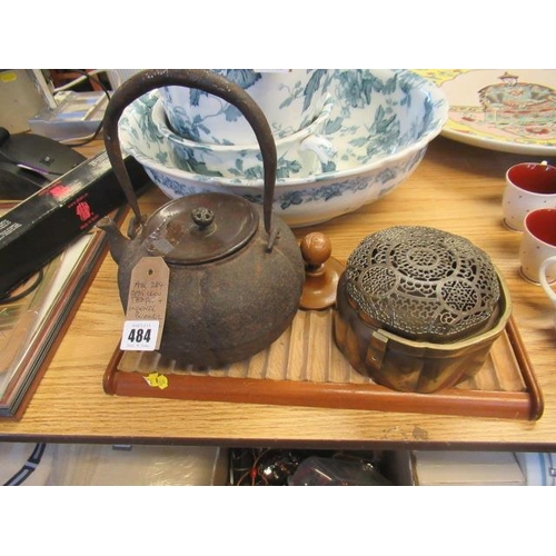 484 - CAST IRON TEAPOT WITH INCENSE BURNER AND TWO OTHERS