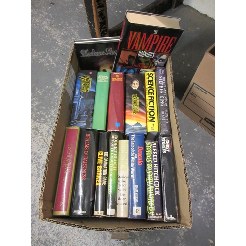 50 - BOX OF VINTAGE HORROR AND SCI FI HARDBACK BOOKS INCLUDING CLIVE BARKER ROBERT BLOCH AND VARIOUS ANTH... 