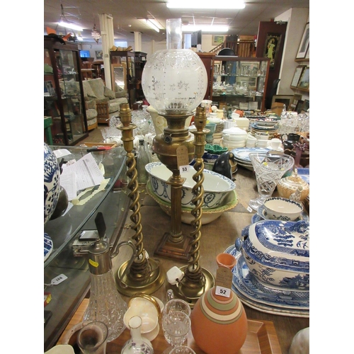 53 - BRASS OIL LAMP AND TWO BRASS TABLE LAMPS