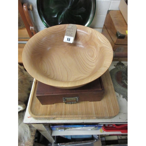 15 - CHOPPING BOARD WOODEN BOWL AND SPECIMEN DRAWERS