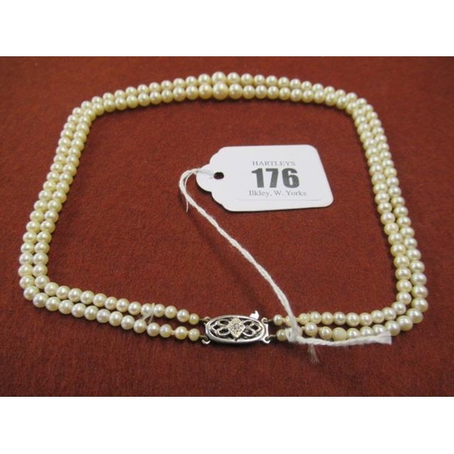 176 - DOUBLE STRING CULTURED PEARL NECKLACE WITH 9CT AND DIAMOND CLASP