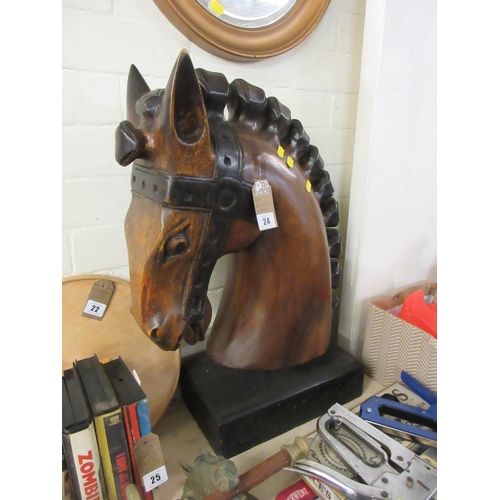 24 - LARGE DECORATIVE WOODEN HORSE HEAD ON STAND