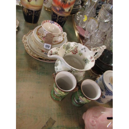 123 - QUANTITY OF EARLY 19TH CENTURY AND LATER PORCELAIN PLATES AND A PAIR OF NORITAKE BEAKER VASES